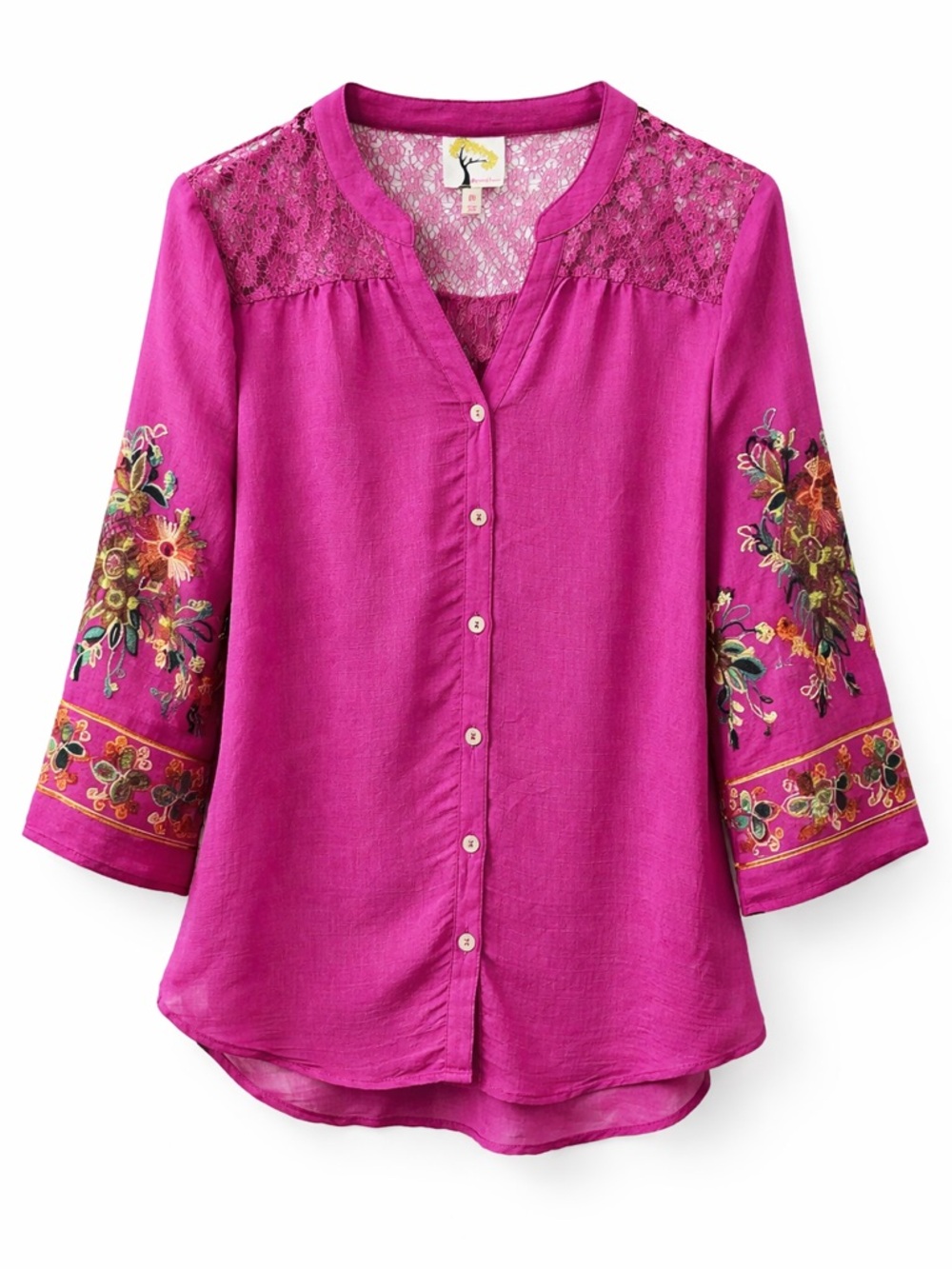 NWT Fig & Flower Embroidered Lace Yoke Boho Blouse Pink Magenta Top M